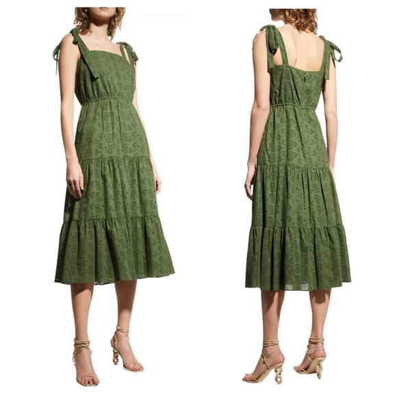NWT JASON WU Tiered Eyelet Midi Dress in Guac | 12 - Picture 1 of 7